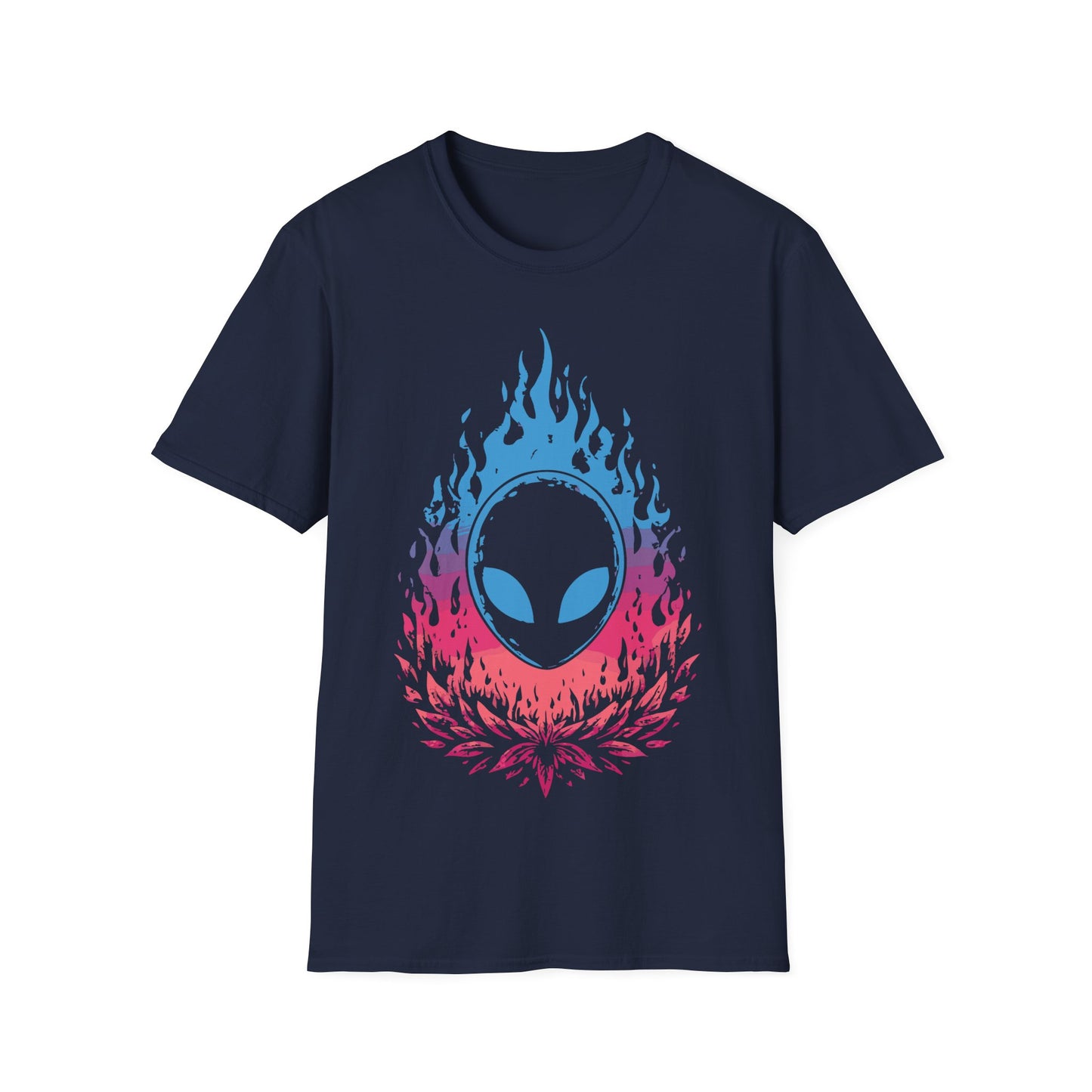 Alien Flame Flower t-shirt design, featuring a black alien face with glowing blue eyes rising from blue to pink flames above a stylized pink floral burst on a navy blue background