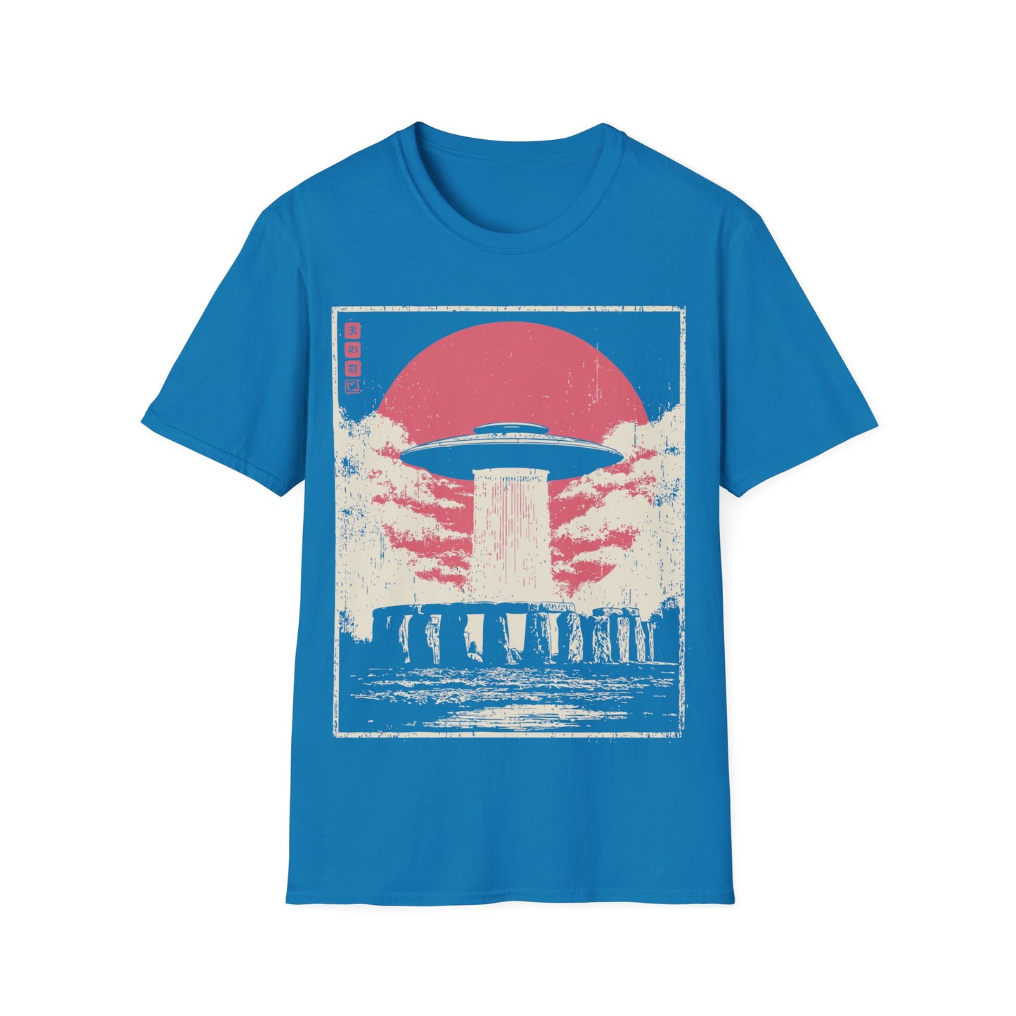 Stonehenge Signal t-shirt design, featuring a classic flying saucer casting a vertical beam over Stonehenge in a distressed retro sci-fi illustration with a muted pink sun on sapphire blue background