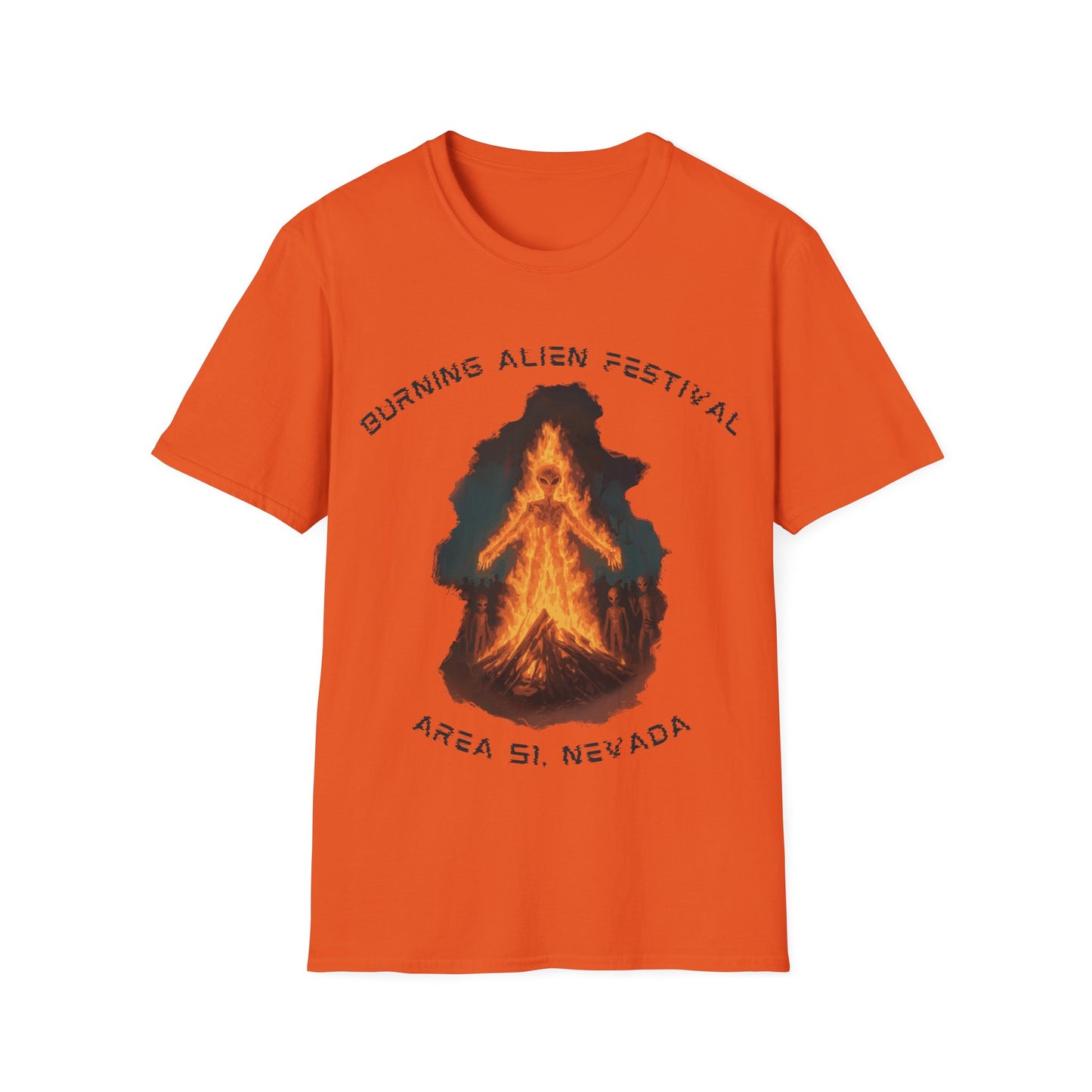 Burning Alien Festival t-shirt design with alien-shaped bonfire surrounded by aliens at Area 51 Nevada on orange t-shirt