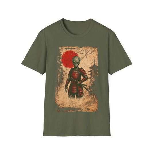 Alien Samurai t-shirt design, featuring a grey alien warrior in red samurai armor with a sheathed katana against a distressed parchment style background with a red sun behind it on a military green background