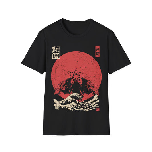 Mothman Red Sun t-shirt design, featuring a shadowy winged Mothman with glowing eyes rising above crashing waves against a distressed red sun in a vintage Japanese inspired illustration on a black background