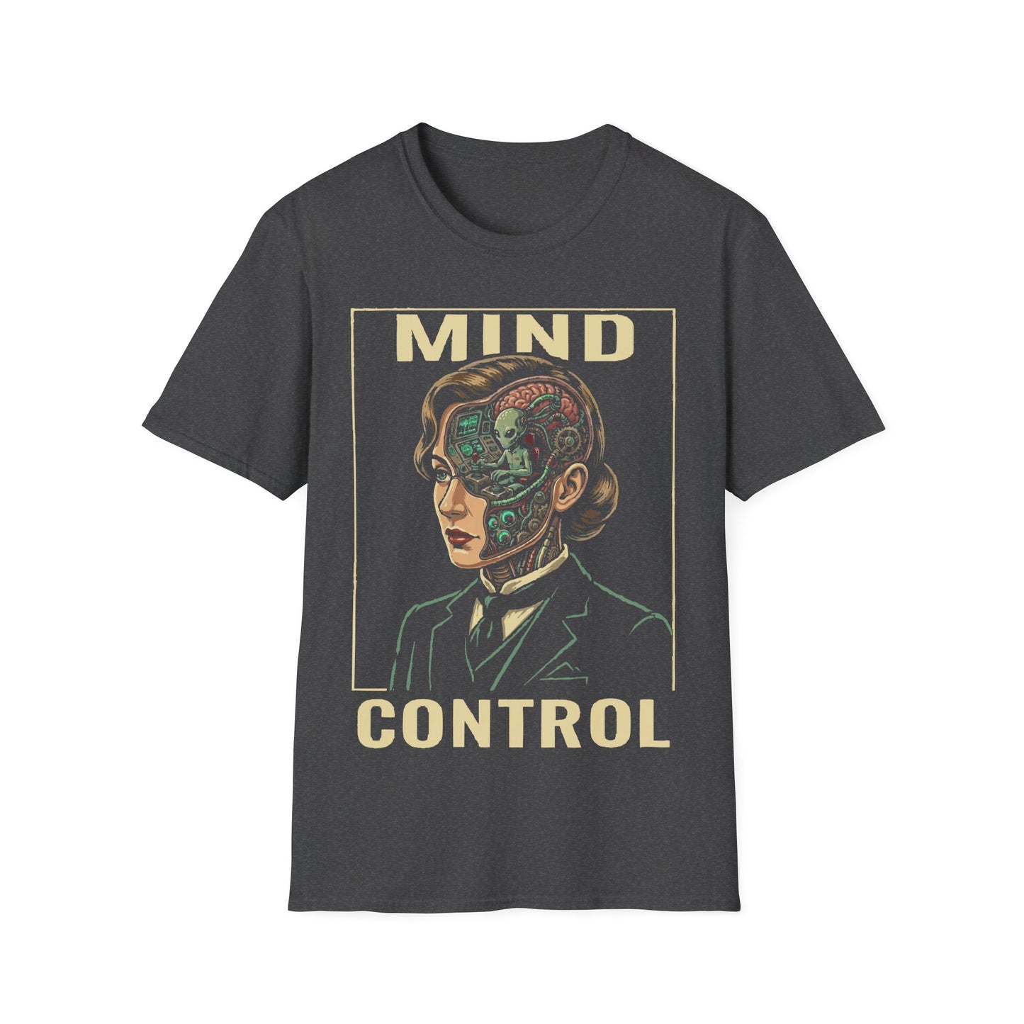 Mind Control t-shirt design, featuring a sharply dressed woman with her head opened to reveal a tiny grey alien operating a control console inside in a retro sci-fi illustration on a grey background
