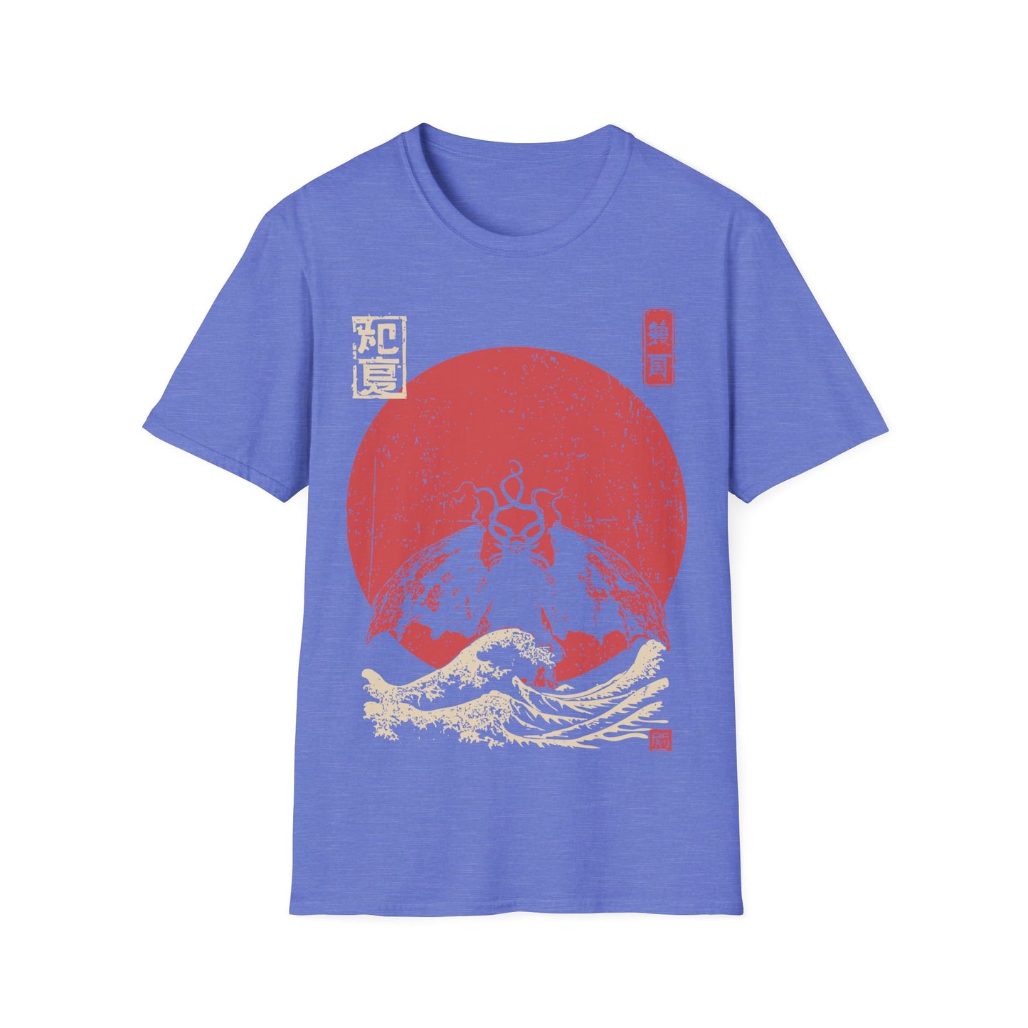 Mothman Red Sun t-shirt design, featuring a shadowy winged Mothman with glowing eyes rising above crashing waves against a distressed red sun in a vintage Japanese inspired illustration on a heather royal blue background
