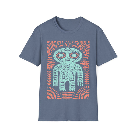Ancient alien glyph t-shirt design with turquoise Inca-style alien figure and coral tribal patterns on gray t-shirt