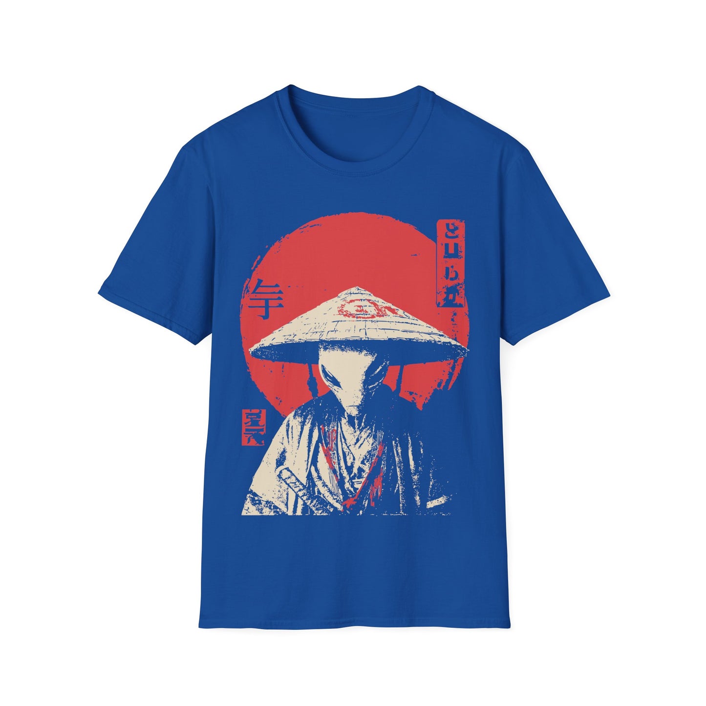 Alien Samurai - Wabi Sabi t-shirt design, showing a stoic alien in a traditional robe and wide straw hat with a sword at its side, rendered in a vintage Japanese poster style with cream and red tones against a rising sun on a royal blue background