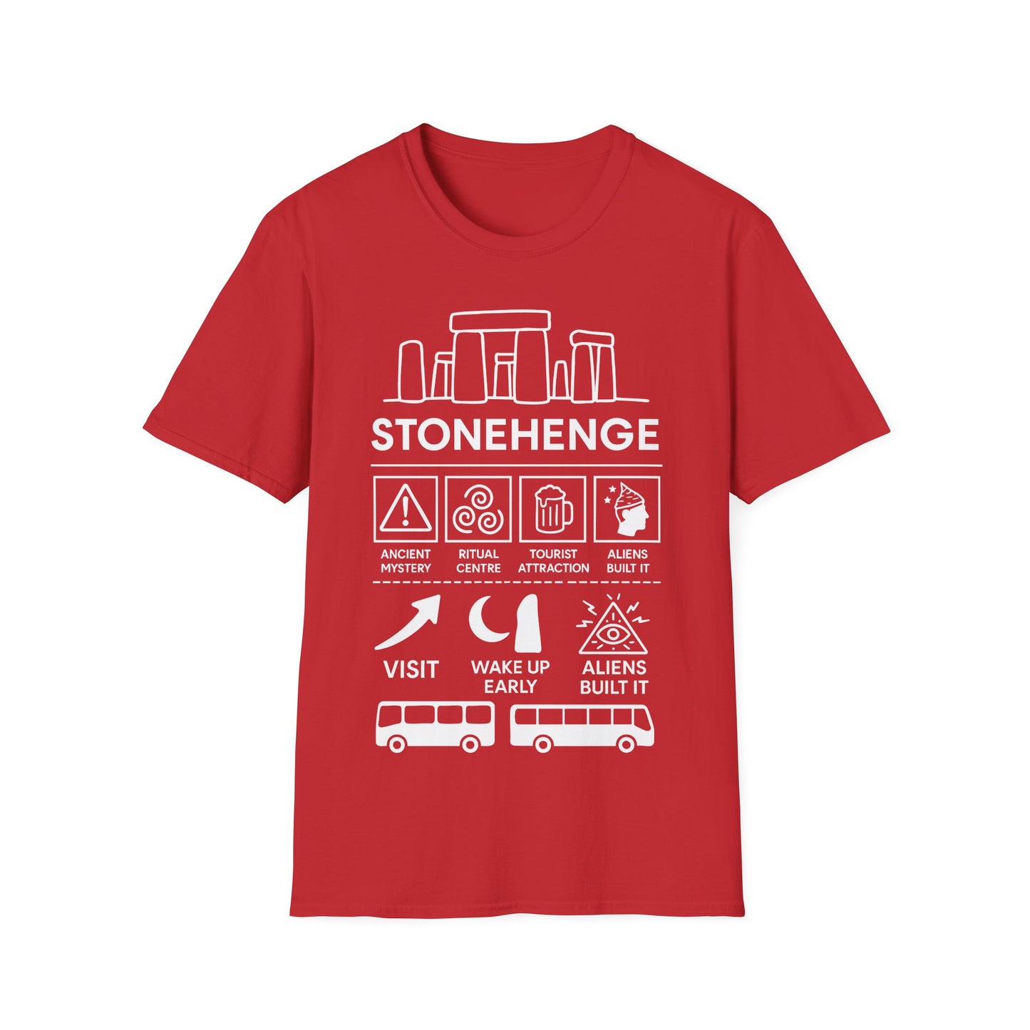 Stonehenge Icon Based t-shirt design, featuring bold white Stonehenge lettering with outlined stone monument, mystical symbols, buses, and humorous ancient mystery icon panels in a monochrome infographic style on a red background