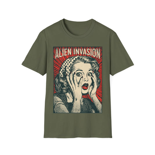 Alien Invasion Retro t-shirt design, featuring a shocked woman holding her face beneath bold Alien Invasion lettering in a distressed red, cream, and dark teal pop art illustration on a military green background