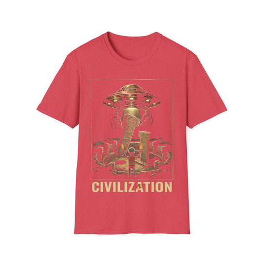 Gobeklitepe Construction t-shirt design, featuring a small alien overseeing a hovering UFO lifting carved stone pillars above an ancient circular site including word 'Civilization' in a retro sci-fi illustration on a heather red background