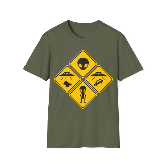 Alien Ahead Road Signs t-shirt design, featuring four yellow warning signs with an alien head, standing alien, UFO cow abduction, and UFO lifting a car in a minimalist road sign illustration on a military green background