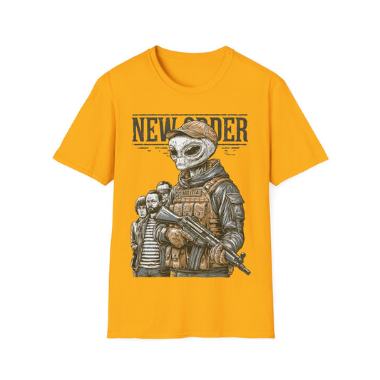New Order Retro t-shirt design, featuring a grey alien soldier in tactical gear holding a rifle with three human figures behind and bold distressed lettering in muted tan, grey, and olive tones on a gold yellow background