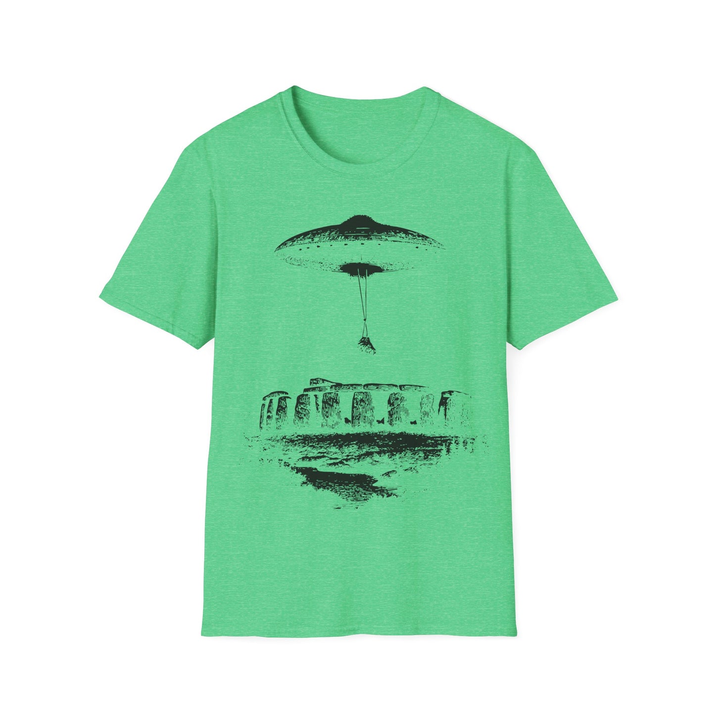 UFO Building Stonehenge t-shirt design with flying saucer levitating Stonehenge stones in ancient aliens style white line art on heather irish green background