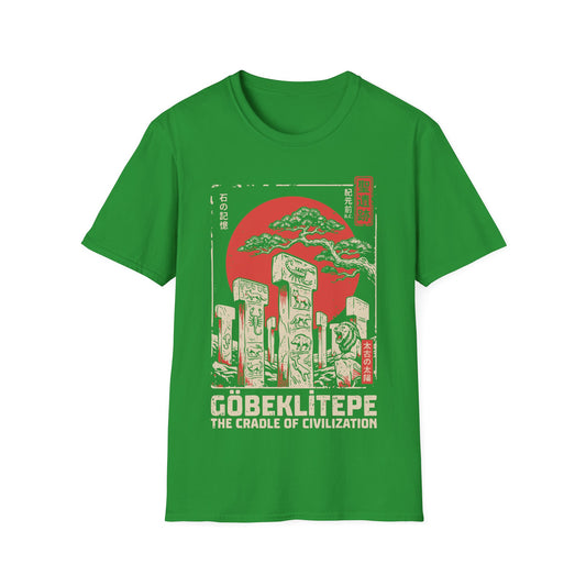 Göbeklitepe The Cradle of Civilization t-shirt design, featuring carved ancient stone pillars with animal reliefs, a roaring lion statue, and a windswept tree against a large red sun in a distressed vintage poster style on a green background