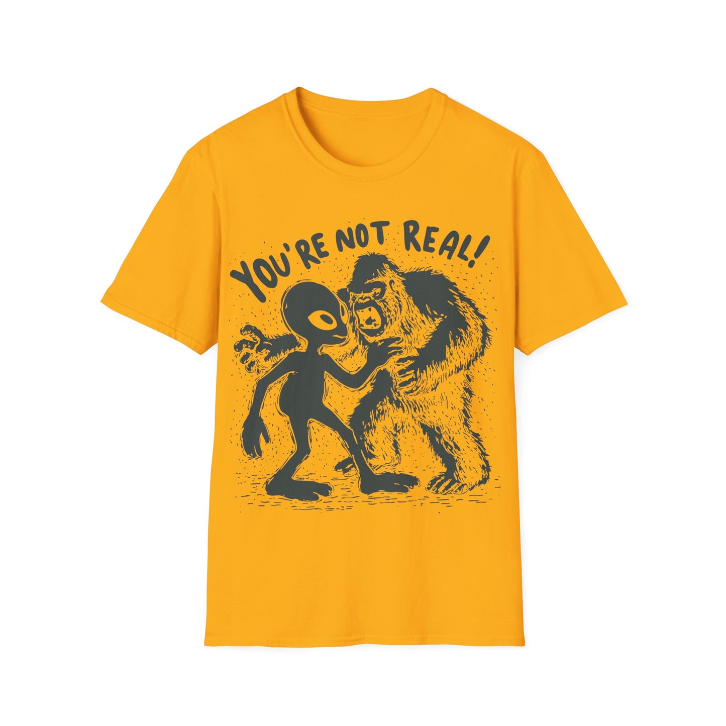 Funny alien and Bigfoot design with cartoon alien arguing with roaring sasquatch under the slogan You're Not Real on yellow t-shirt