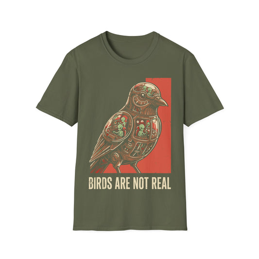 Birds Are Not Real t-shirt design, featuring a mechanical bird packed with tiny green aliens operating control panels inside in a retro sci-fi illustration on a military green background