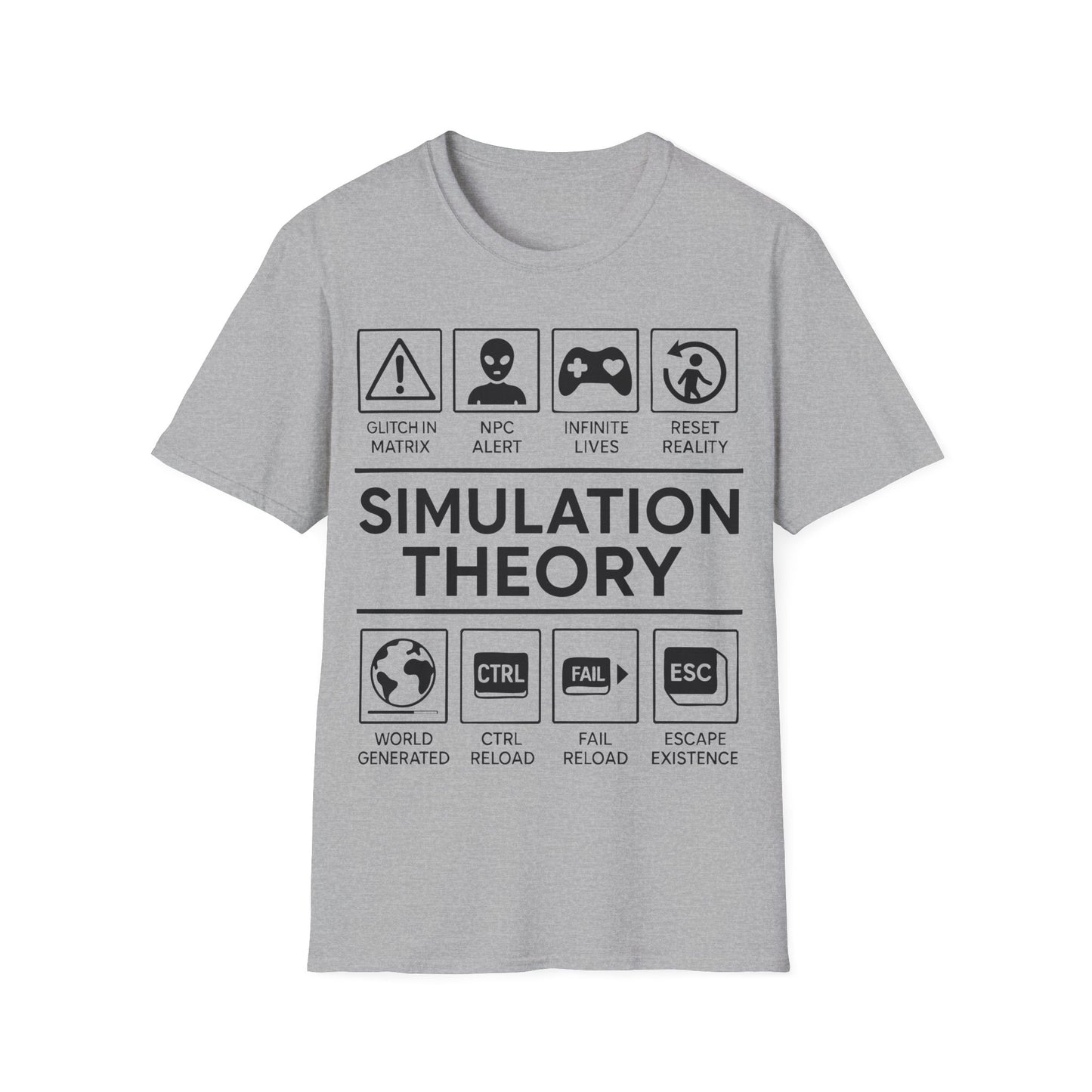 Simulation Theory t-shirt design, featuring bold white Simulation Theory lettering with glitch warning, alien head, game controller, reset icon, and digital reality-themed symbol panels in a monochrome infographic style on a grey background