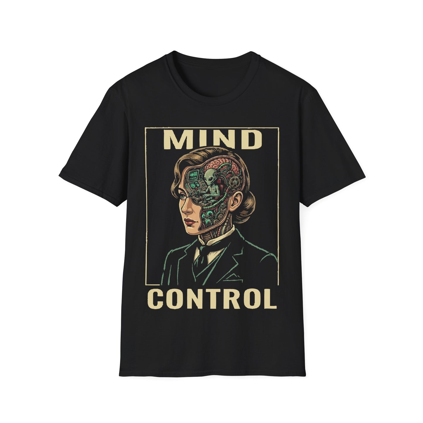Mind Control t-shirt design, featuring a sharply dressed woman with her head opened to reveal a tiny grey alien operating a control console inside in a retro sci-fi illustration on a black background