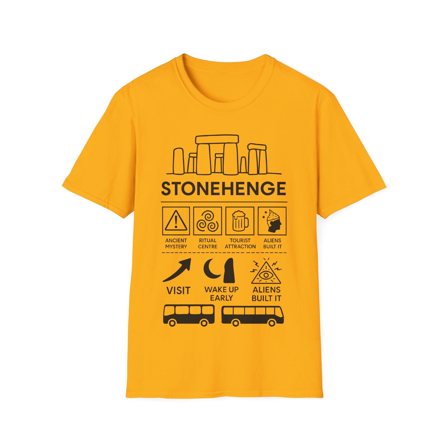 Stonehenge Icon Based t-shirt design, featuring bold white Stonehenge lettering with outlined stone monument, mystical symbols, buses, and humorous ancient mystery icon panels in a monochrome infographic style on a yellow background