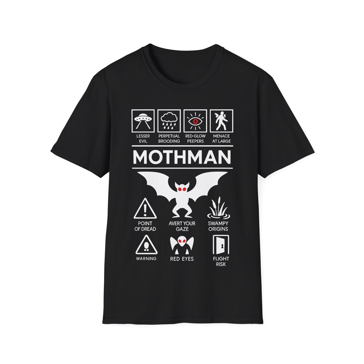 Mothman Icon Based t-shirt design, featuring bold white Mothman lettering with red-eyed winged creature, UFO, warning symbols, and cryptid-themed icon panels in a monochrome infographic style on a black background