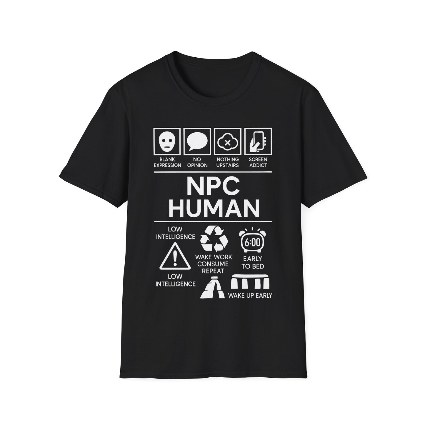 NPC Human Icon Based t-shirt design, featuring bold white NPC Human lettering with blank face, speech bubble, phone, warning symbol, alarm clock, and satirical human-behavior icon panels in a monochrome infographic style on a black background