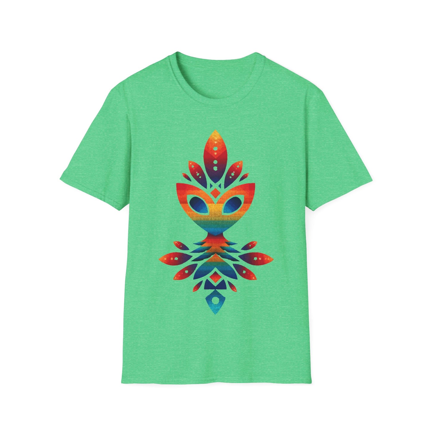 Rainbow Alien Totem t-shirt design, featuring a stylized rainbow-gradient alien face merged with symmetrical totemic leaf and geometric shapes in a vibrant psychedelic illustration on a heather irish green background