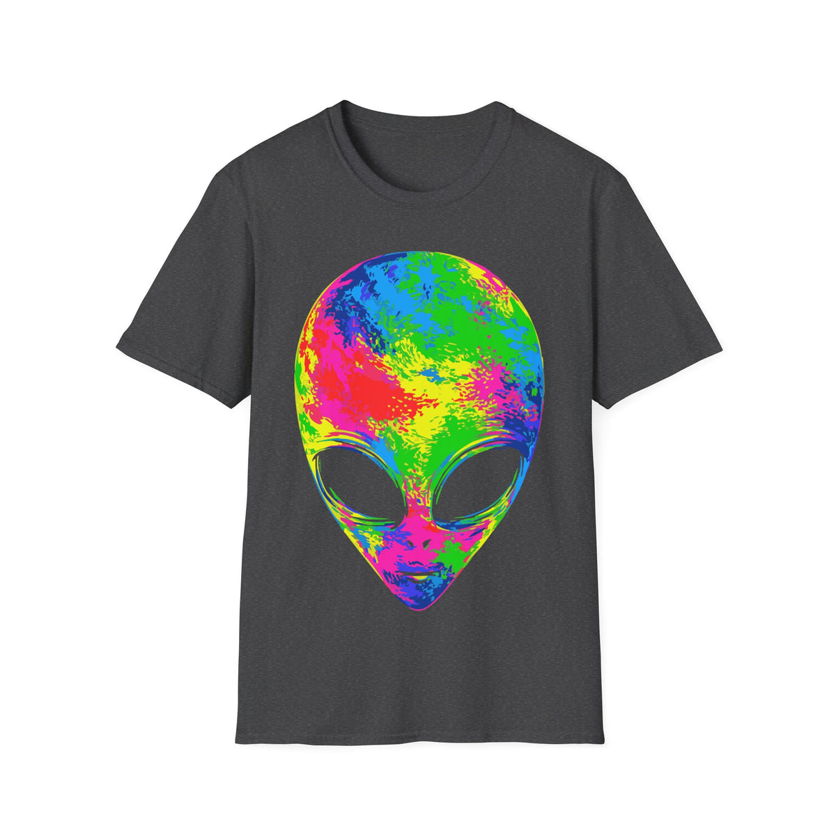 Pop Art Alien t-shirt design, featuring a large alien face filled with vivid neon pink, yellow, green, and blue colors with oversized black eyes in a bold psychedelic pop art style on a dark heather grey background