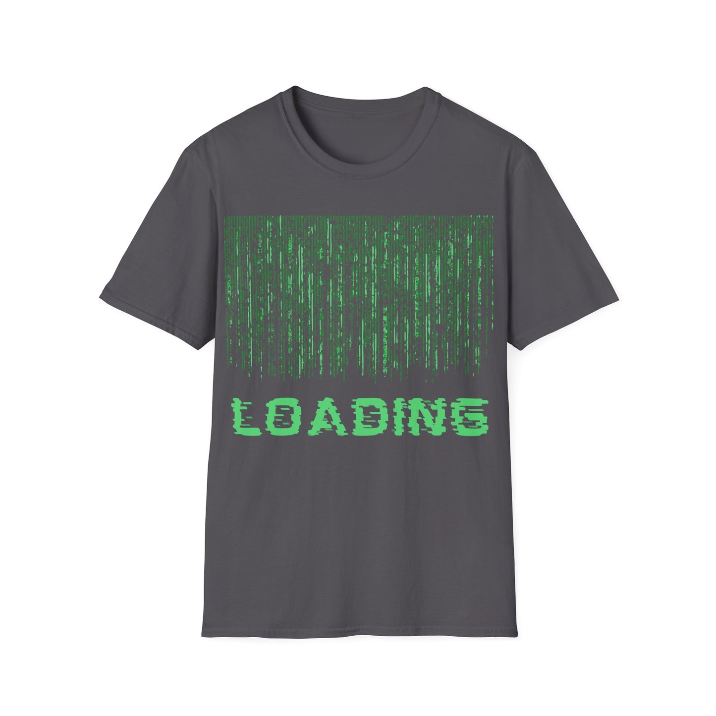 Simulation Loading t-shirt design with computer-style loading bar and simulation message in glitchy sci-fi typography on charcoal gray background