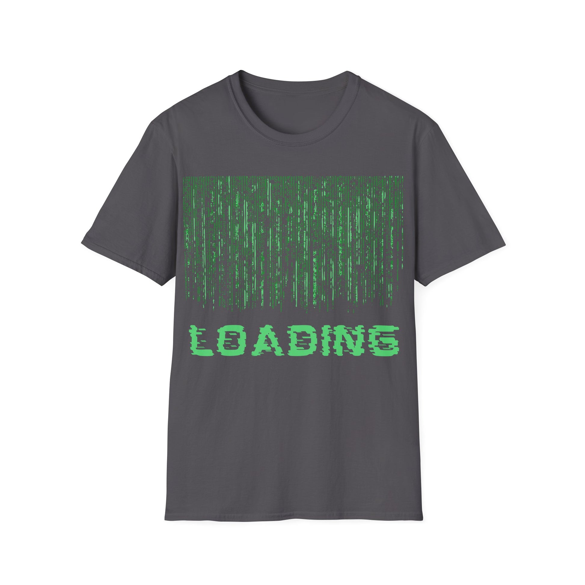 Simulation Loading t-shirt design with computer-style loading bar and simulation message in glitchy sci-fi typography on charcoal gray background