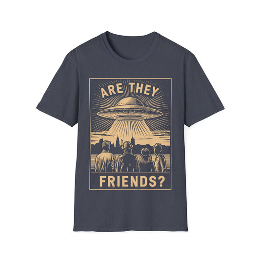 Are They Friends? t-shirt design, featuring four people watching a massive flying saucer hovering over a city skyline with radiating beams in a vintage beige retro sci-fi poster style on a dark grey background