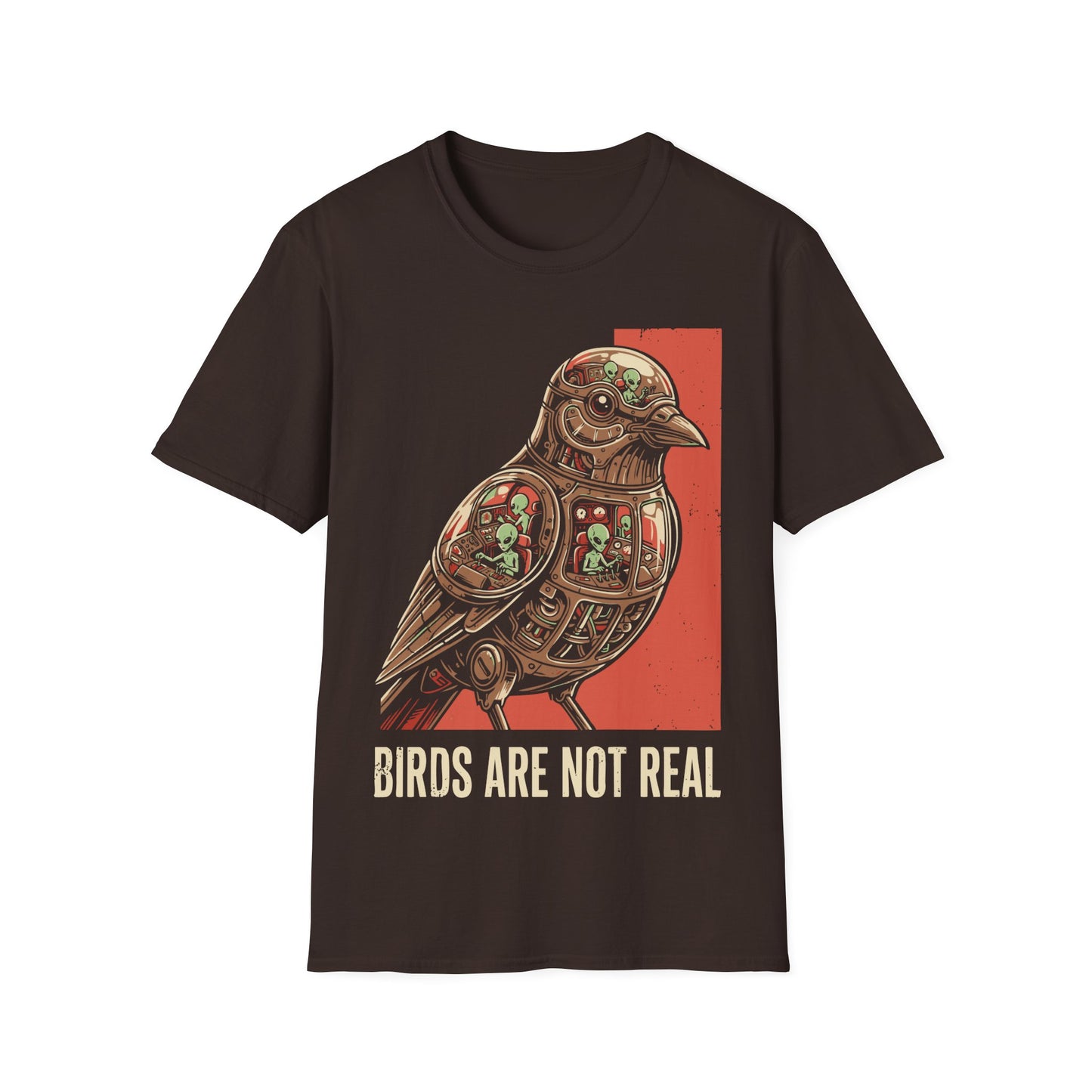 Birds Are Not Real t-shirt design, featuring a mechanical bird packed with tiny green aliens operating control panels inside in a retro sci-fi illustration on a dark chocolate brown background