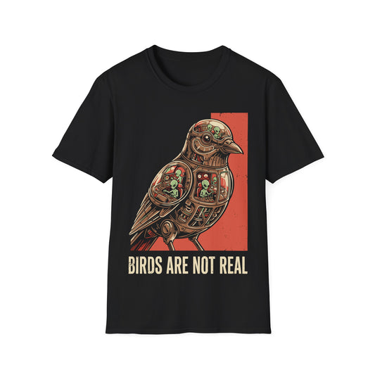 Birds Are Not Real t-shirt design, featuring a mechanical bird packed with tiny green aliens operating control panels inside in a retro sci-fi illustration on a black background