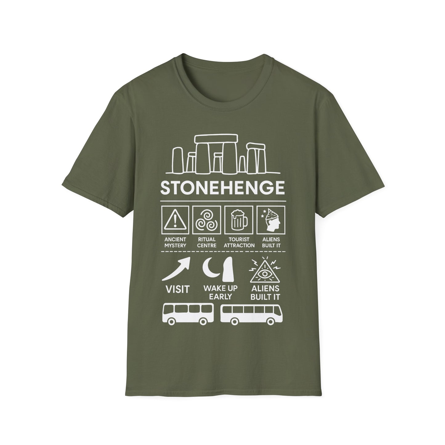 Stonehenge Icon Based t-shirt design, featuring bold white Stonehenge lettering with outlined stone monument, mystical symbols, buses, and humorous ancient mystery icon panels in a monochrome infographic style on a military green background