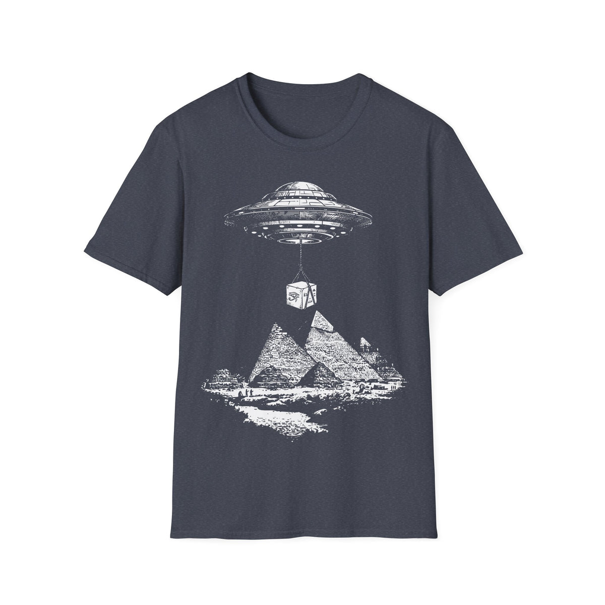 UFO Carrying Lime Block t-shirt design, featuring a flying saucer using ropes to lift a massive stone block above the pyramids of Giza in a detailed vintage illustration on a heather navy grey background