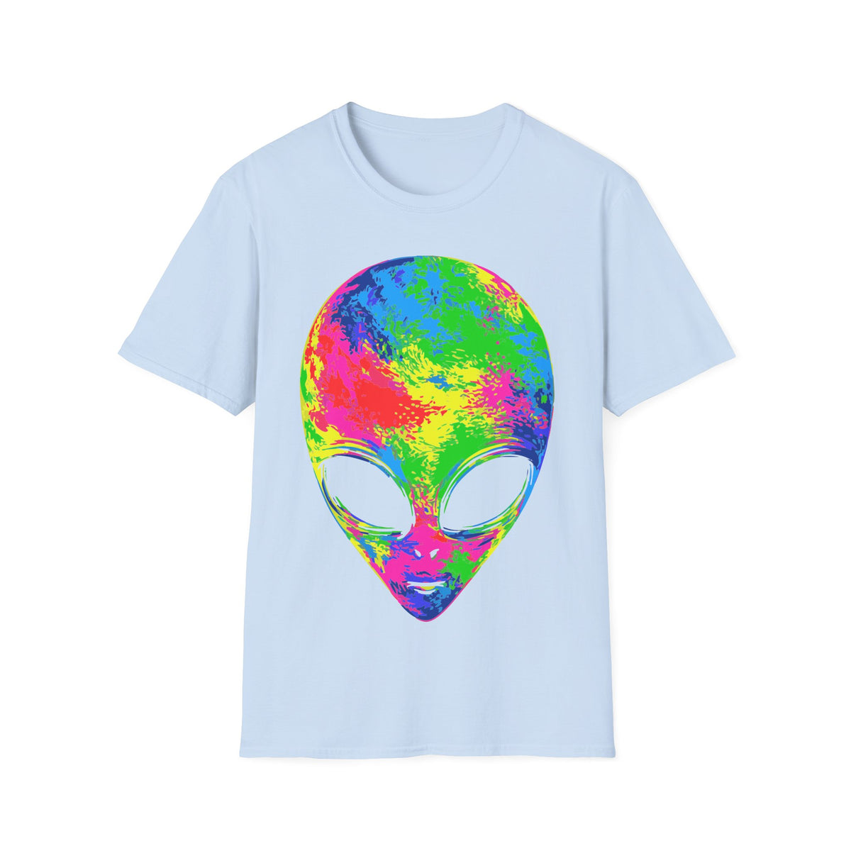 Pop Art Alien t-shirt design, featuring a large alien face filled with vivid neon pink, yellow, green, and blue colors with oversized black eyes in a bold psychedelic pop art style on a light blue background