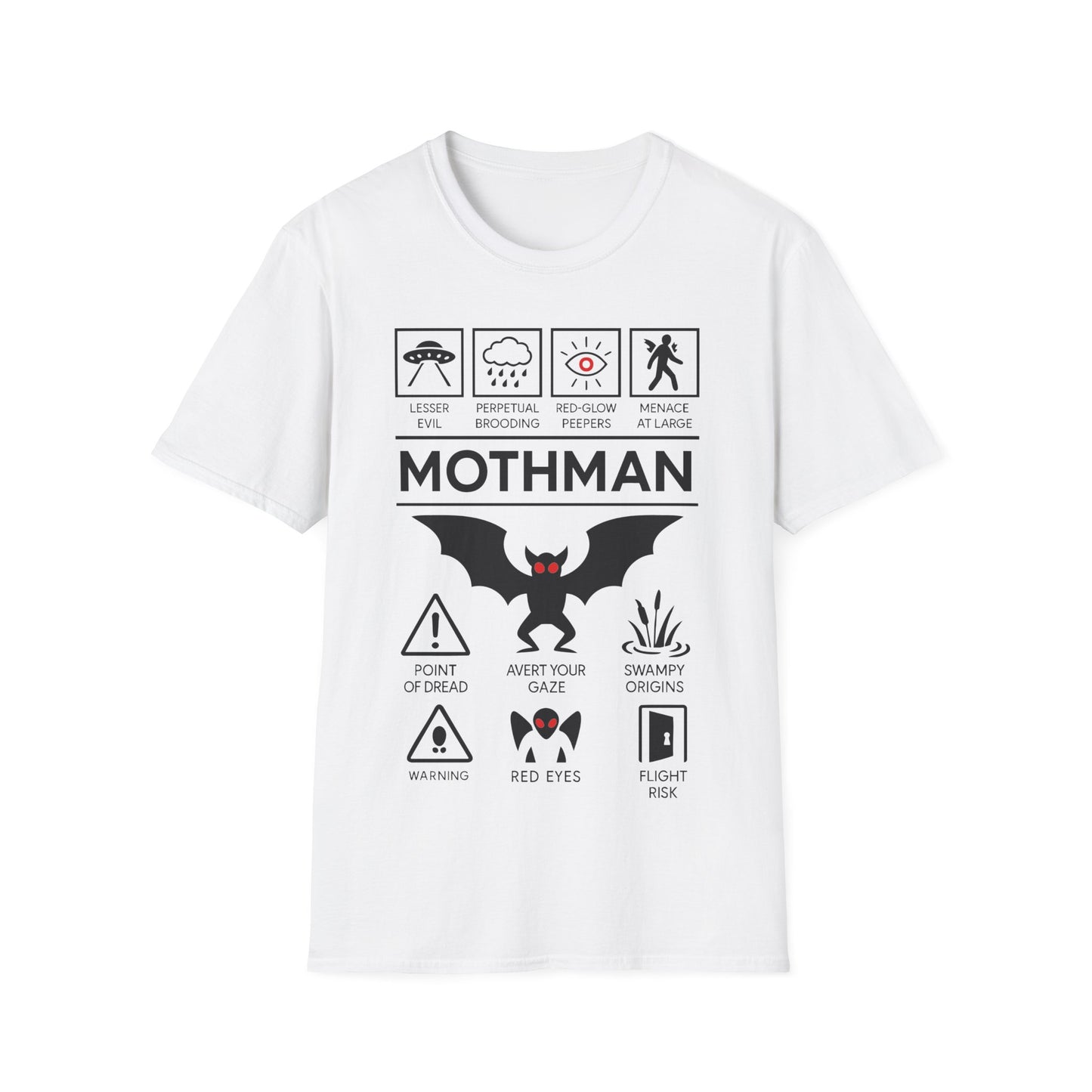 Mothman Icon Based t-shirt design, featuring bold white Mothman lettering with red-eyed winged creature, UFO, warning symbols, and cryptid-themed icon panels in a monochrome infographic style on a white background