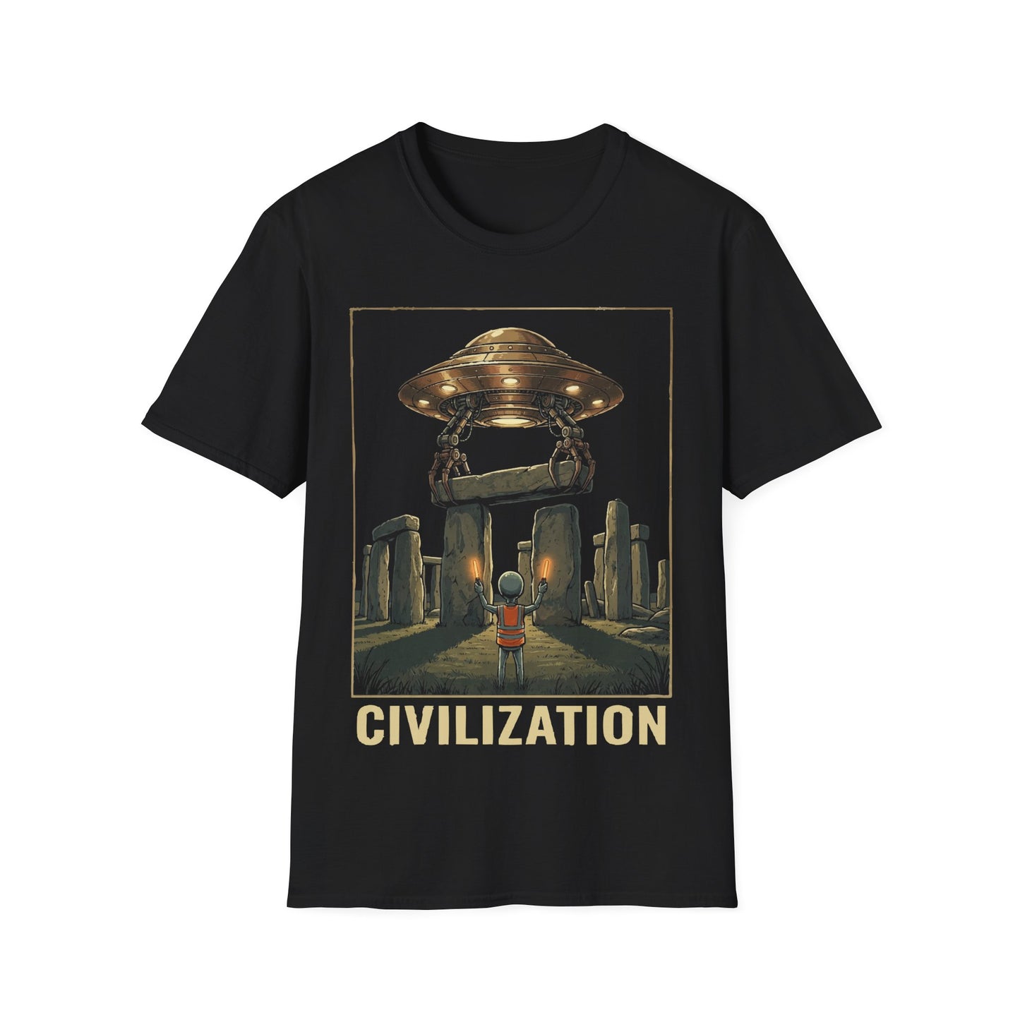 Stonehenge Construction t-shirt design, featuring a small alien overseeing a hovering UFO lifting a stone lintel into place above Stonehenge in a retro sci-fi illustration including word 'Civilization' on a black background