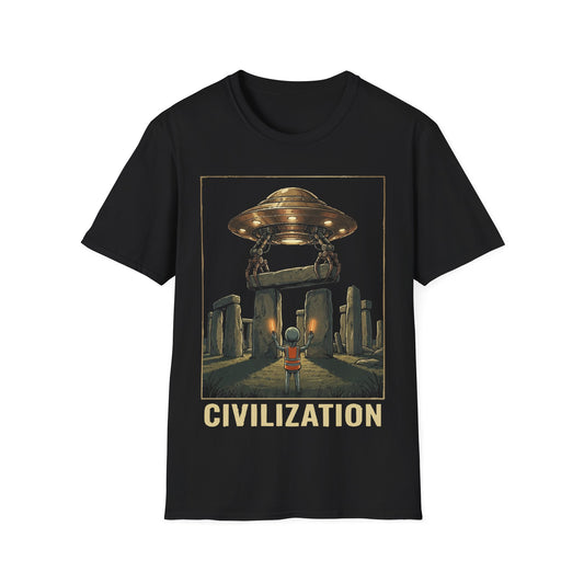 Stonehenge Construction t-shirt design, featuring a small alien overseeing a hovering UFO lifting a stone lintel into place above Stonehenge in a retro sci-fi illustration including word 'Civilization' on a black background