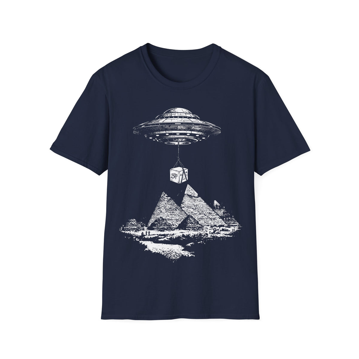 UFO Carrying Lime Block t-shirt design, featuring a flying saucer using ropes to lift a massive stone block above the pyramids of Giza in a detailed vintage illustration on a navy blue background