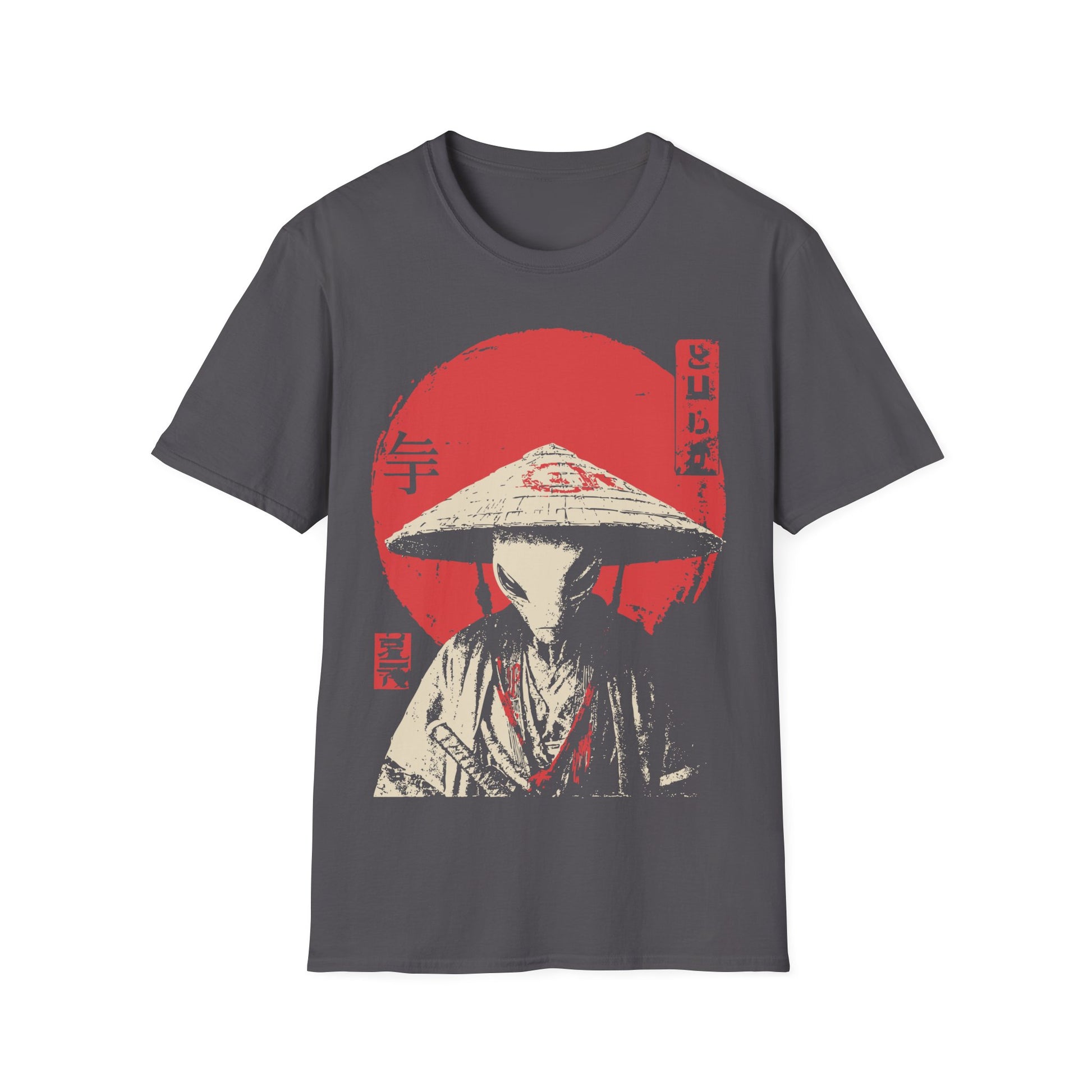 Alien Samurai - Wabi Sabi t-shirt design, showing a stoic alien in a traditional robe and wide straw hat with a sword at its side, rendered in a vintage Japanese poster style with cream and red tones against a rising sun on a charcoal grey background