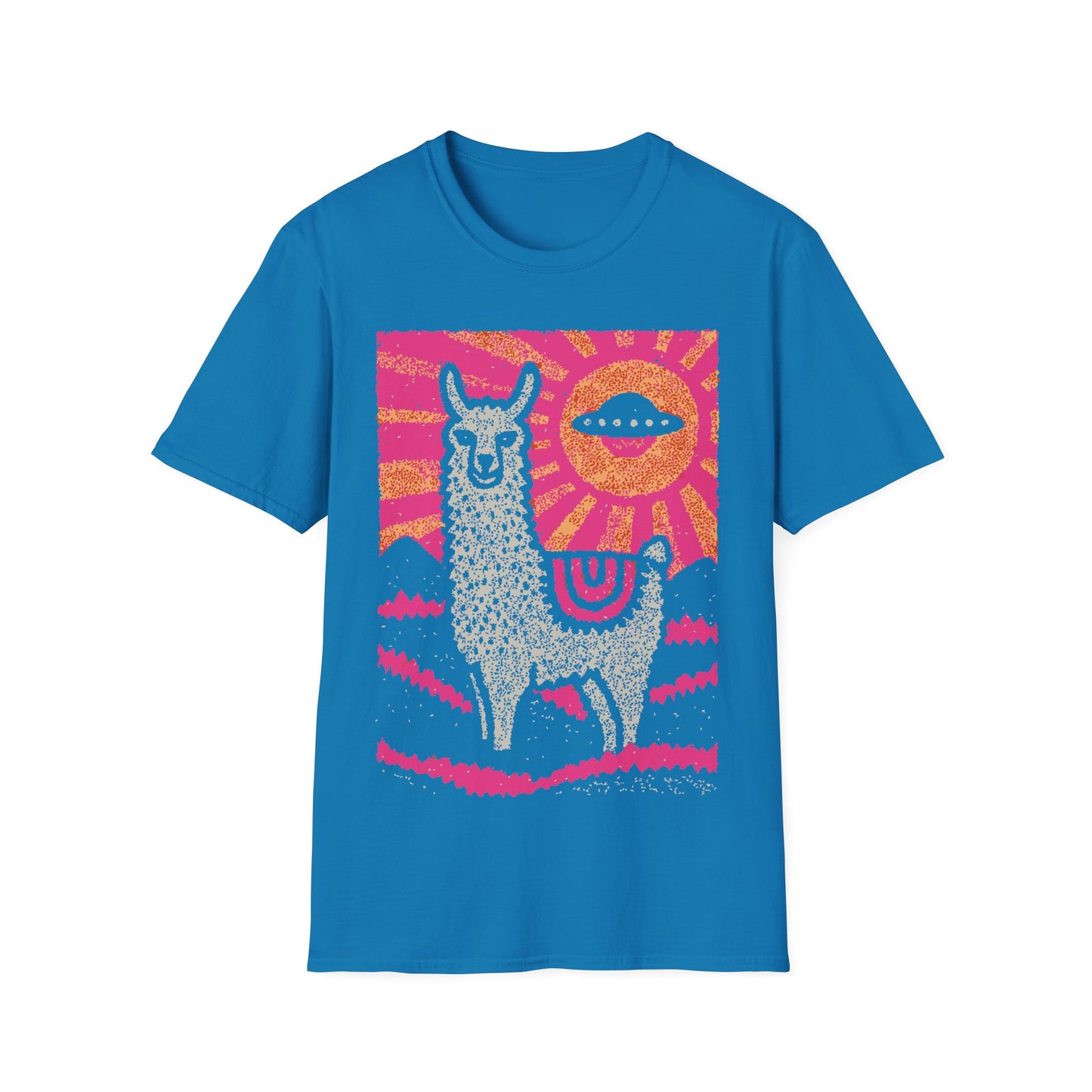 Alpaca UFO design with cute alpaca in pink pop art landscape and flying saucer sun in the sky on blue t-shirt