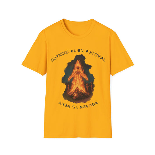 Burning Alien Festival t-shirt design with alien-shaped bonfire surrounded by aliens at Area 51 Nevada on yellow t-shirt