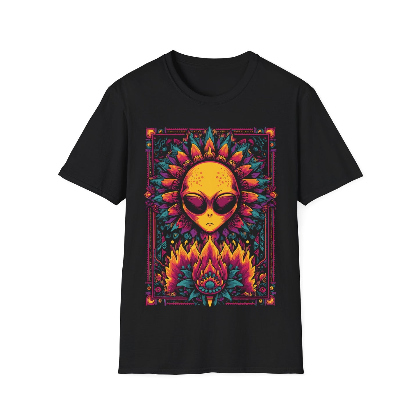 Psychedelic Alien Floral t-shirt design, featuring a glowing yellow alien head framed by vivid pink, teal, and orange floral patterns in a symmetrical psychedelic illustration on a black background
