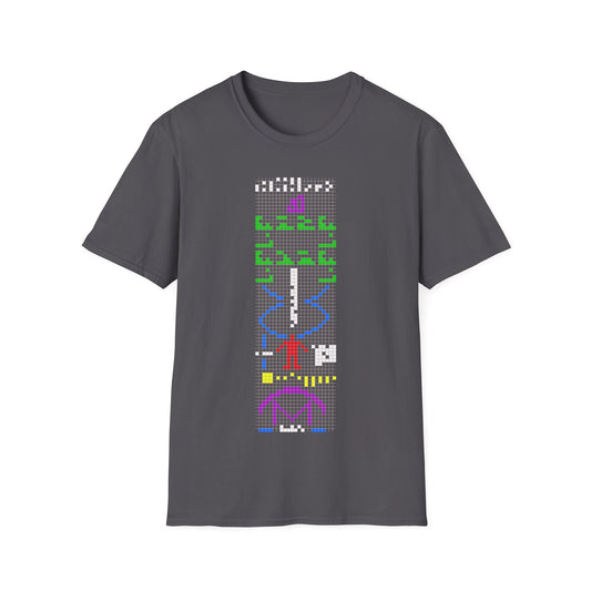 Arecibo Message t-shirt design, featuring the iconic multicolored binary transmission with DNA, human figure, solar system, and radio telescope symbols arranged in a vertical pixel grid on a charcoal grey background