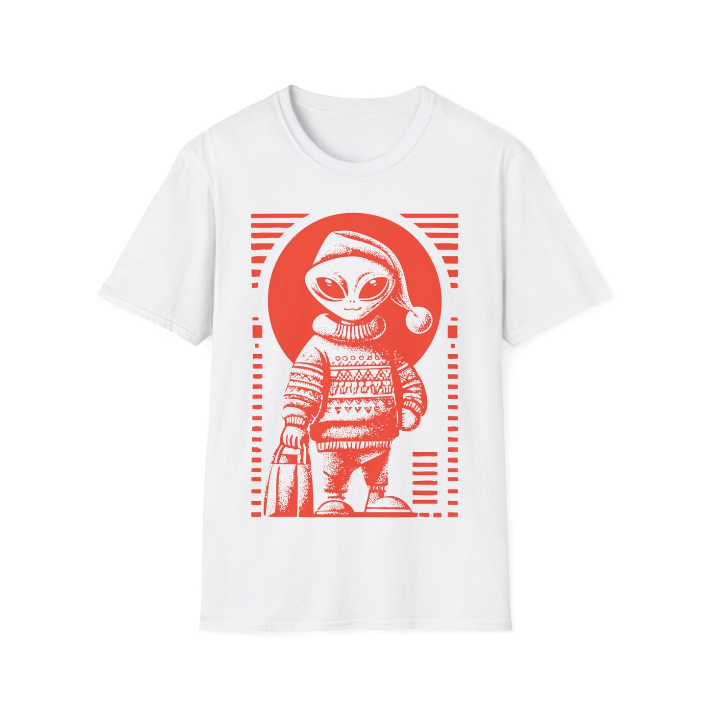 Holiday Shopper Alien t-shirt design, featuring a festive grey alien in Santa hat and patterned winter sweater carrying a shopping bag in bold illustration on a white background