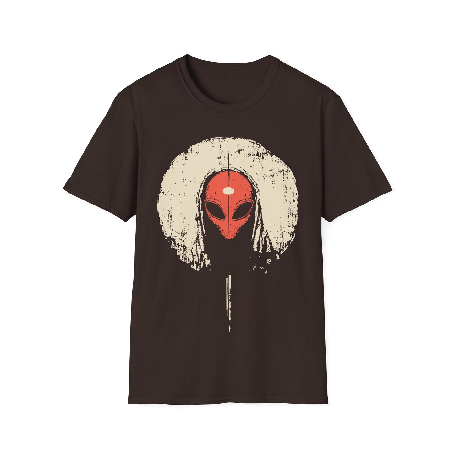 Alien Third Eye Moon t-shirt design, featuring a red alien face with a centered third eye mark framed by a distressed cream moon in a minimalist occult inspired illustration on a dark chocolate brown background