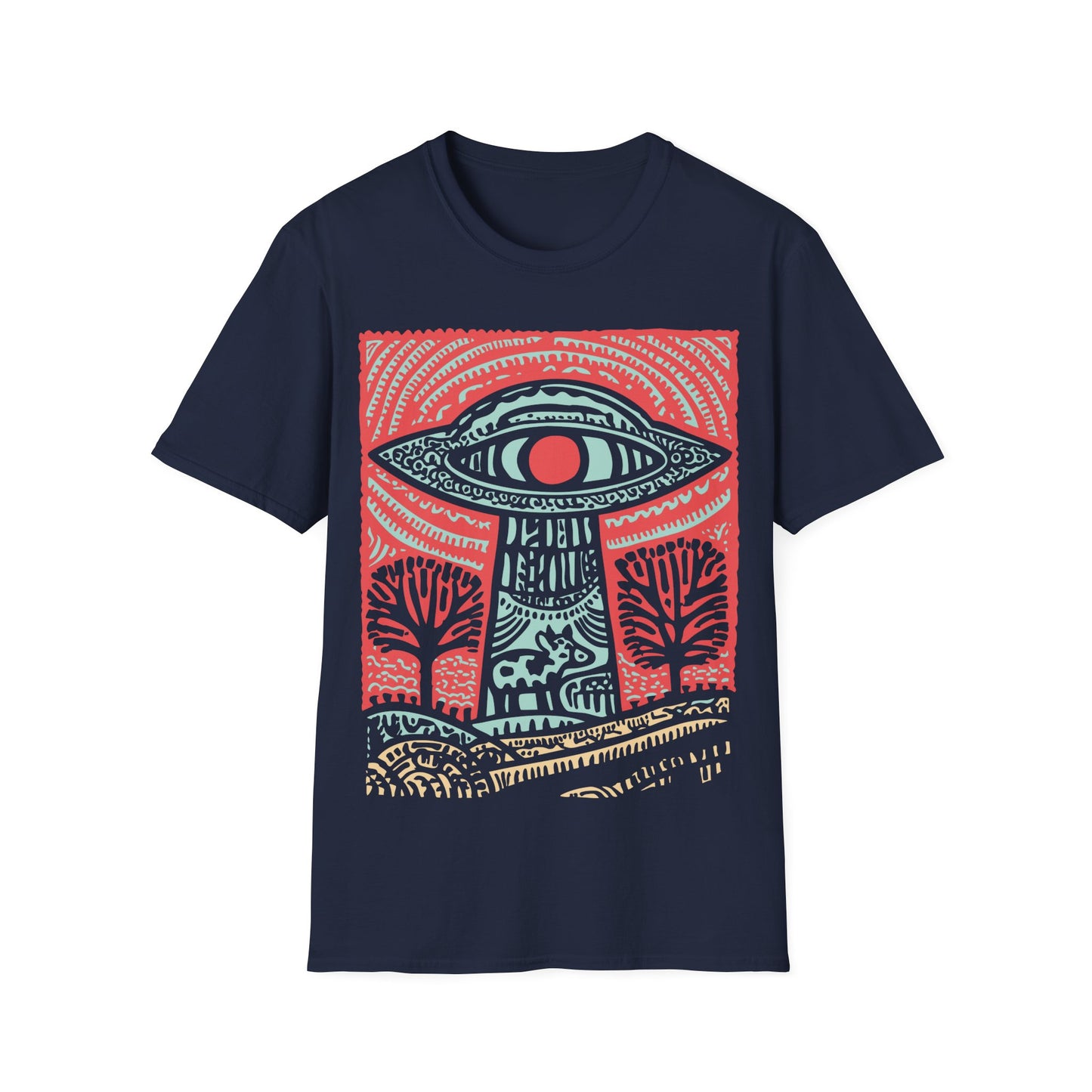 All-seeing UFO cow abduction design with eye-shaped flying saucer beaming up cow in colorful folk art landscape on navy blue t-shirt