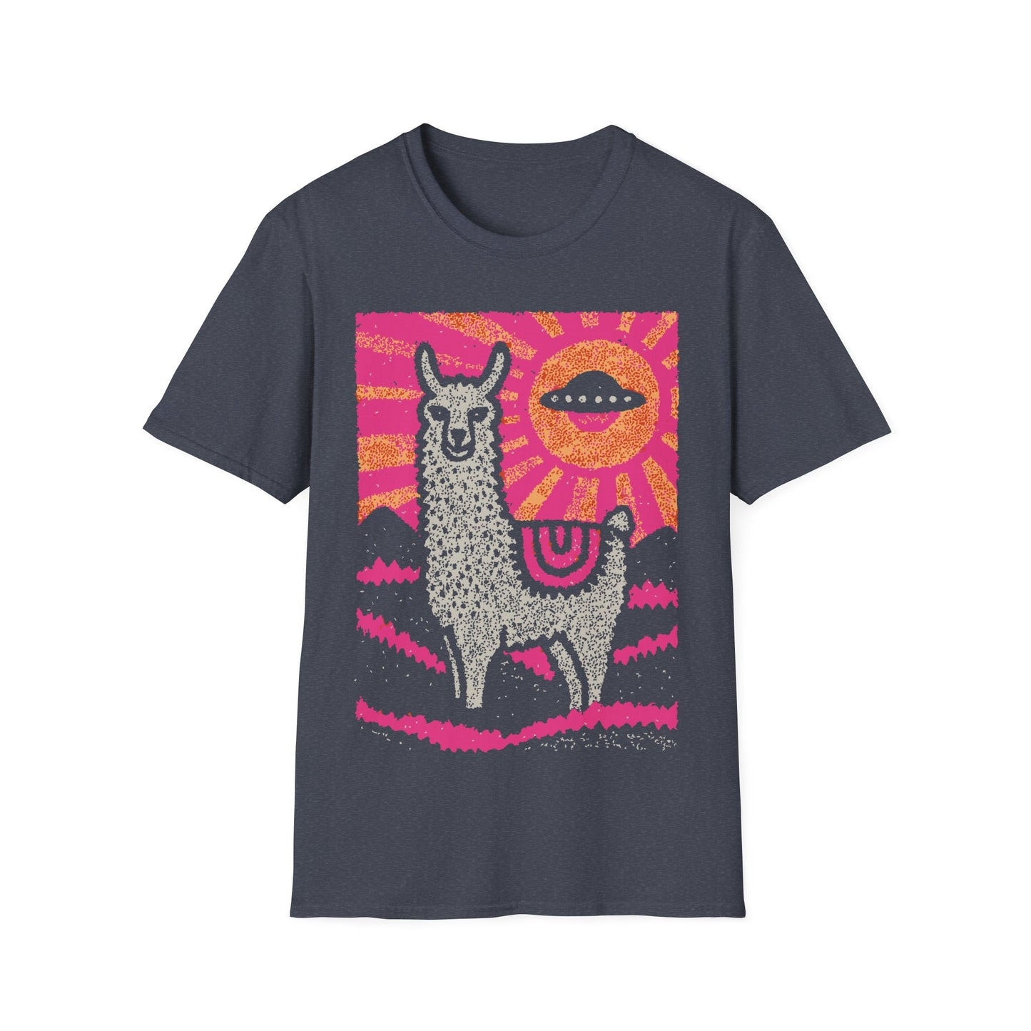 Alpaca UFO design with cute alpaca in pink pop art landscape and flying saucer sun in the sky on gray t-shirt