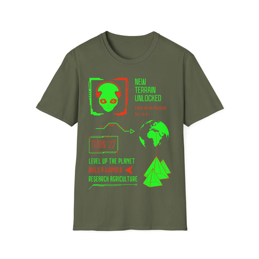 Alien Gamer t-shirt design, featuring a neon green alien wearing headphones with game controller symbols, futuristic gaming interface text, Earth, and pyramids in a bright green and orange infographic style on a military green background
