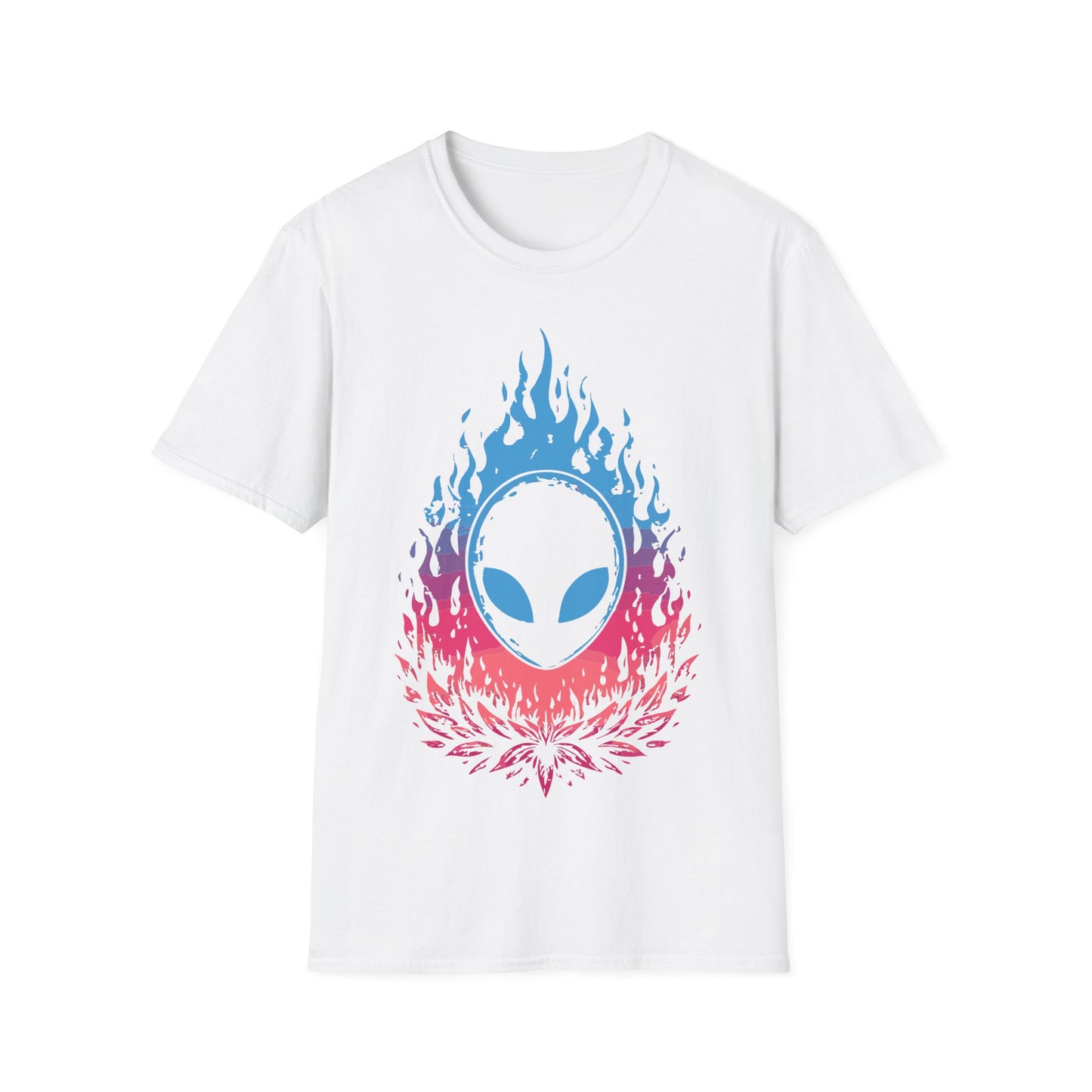 Alien Flame Flower t-shirt design, featuring a black alien face with glowing blue eyes rising from blue to pink flames above a stylized pink floral burst on a white background
