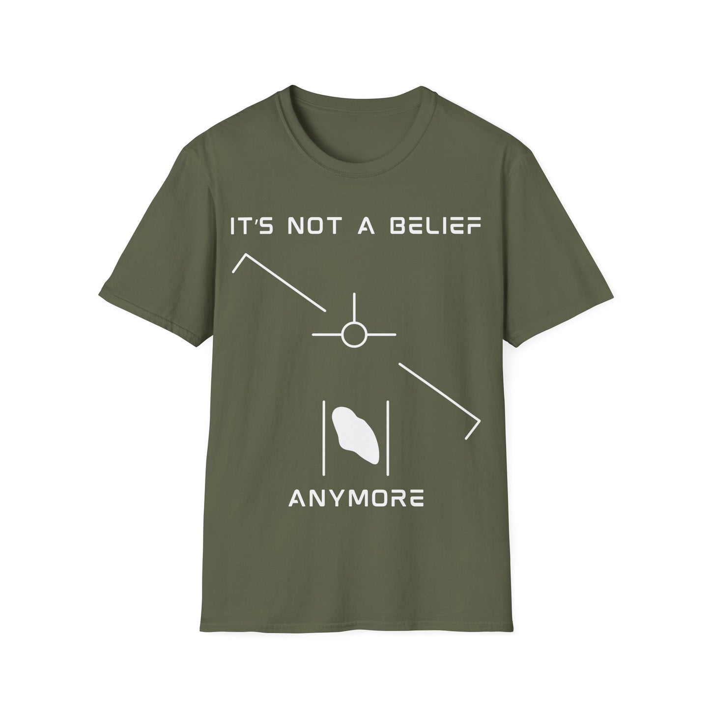 It’s Not a Belief Anymore t-shirt design, featuring minimalist white UFO sighting symbols with angled lines, central circular marker, and abstract glowing object on a military green background