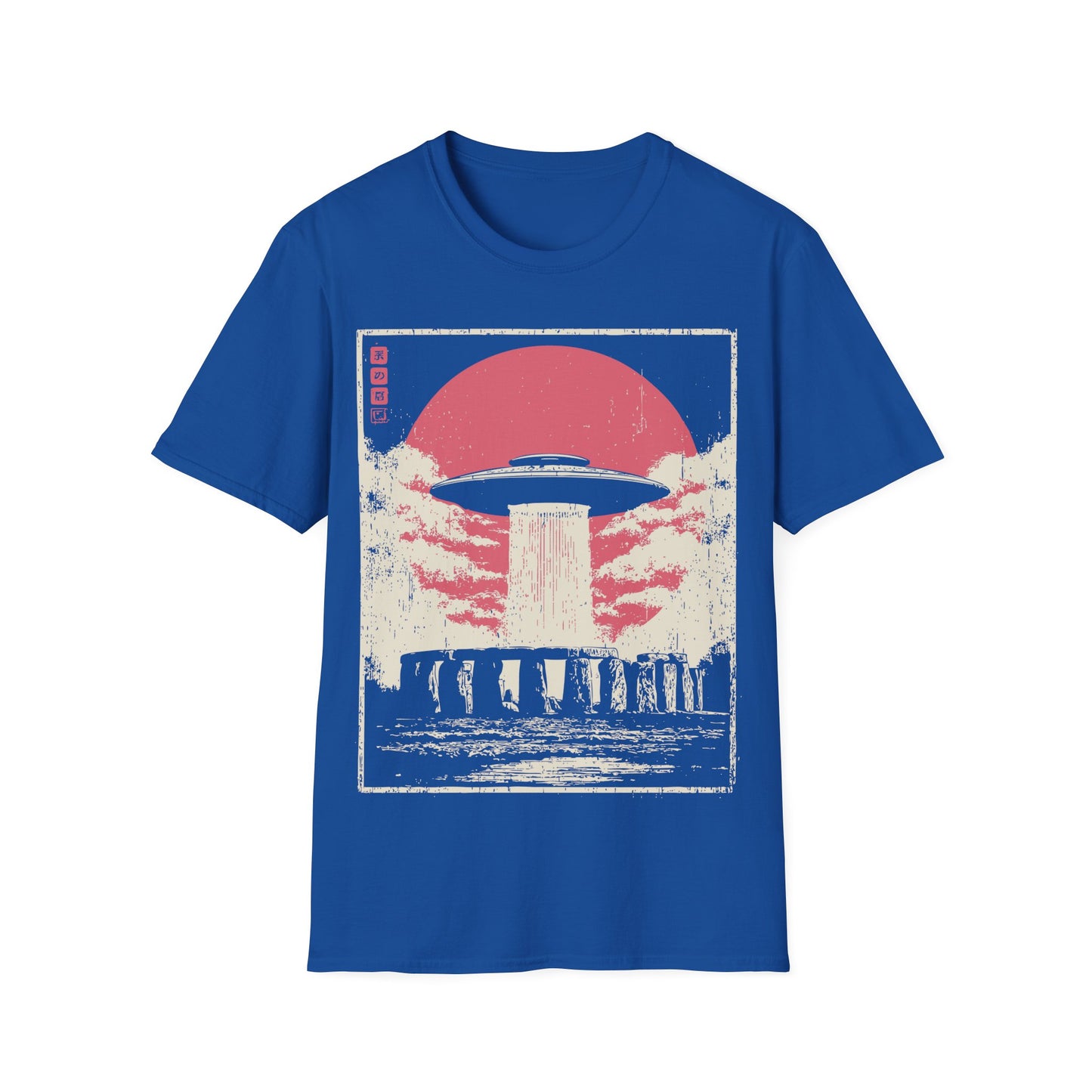 Stonehenge Signal t-shirt design, featuring a classic flying saucer casting a vertical beam over Stonehenge in a distressed retro sci-fi illustration with a muted pink sun on royal blue background